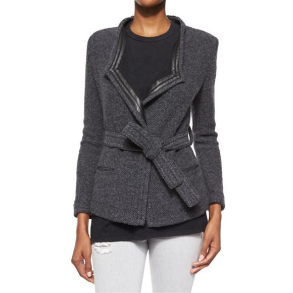 IRO Cooley Tweed Belted Jacket Grey Size 38 Medium Wool Lamb Leather Trim - Picture 1 of 8